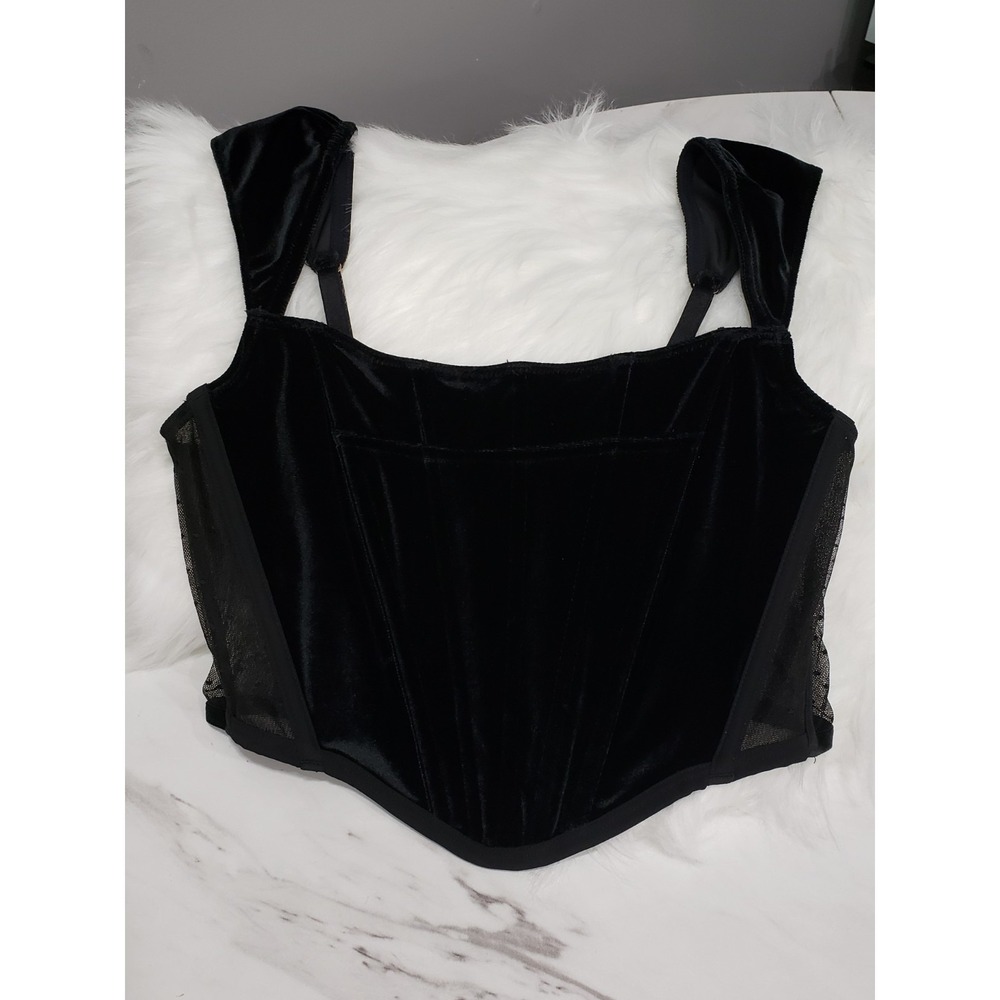 NEW MEDIUM Victorias Secret Black‎ Velvet Mesh Boned Corset Bustier Dream Angels